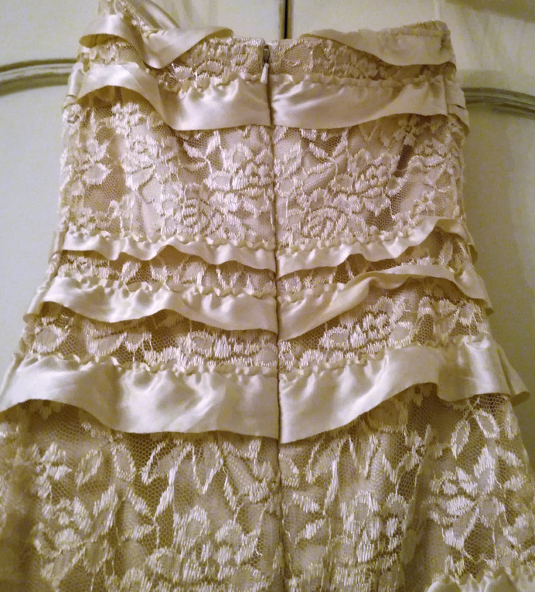 NEW JESSICA McCLINTOCK LACE DRESS Embellished Gold Satin Lined Ribbon Strapless Maxi Long Gown PROM