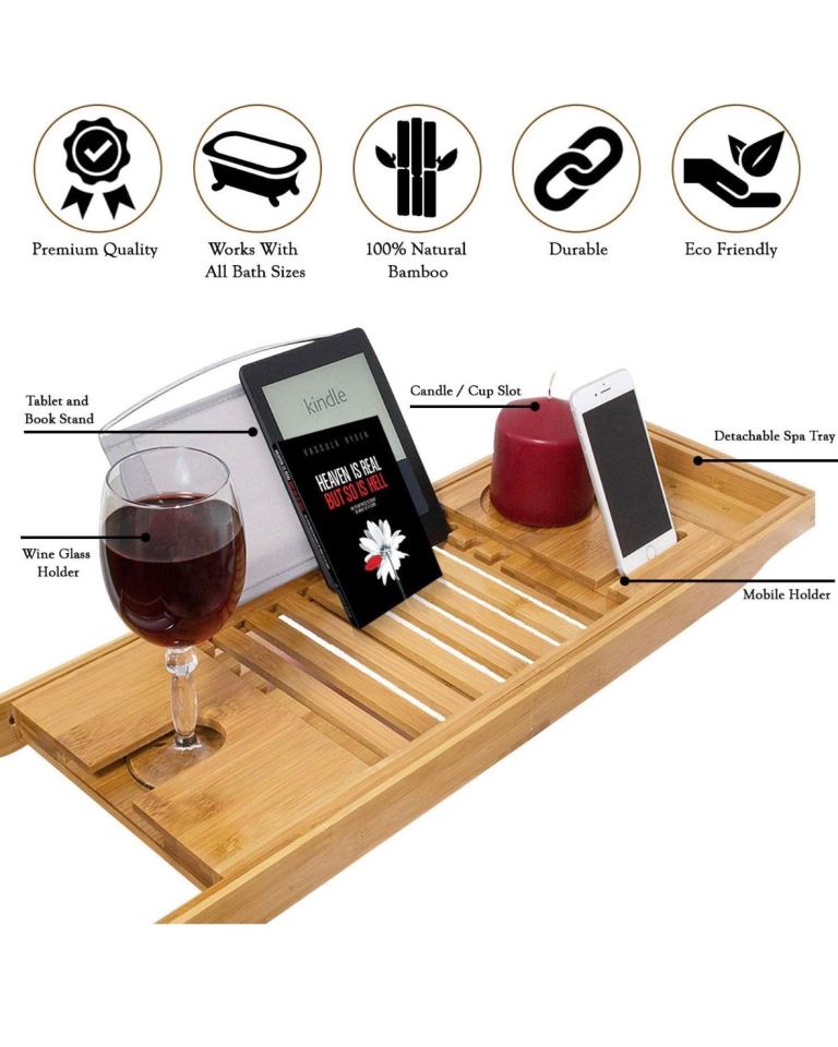 Bargain! 100% Bamboo Bath Caddy – Extendable Luxury Book Rest, Wine Glass Holder, Device Tray