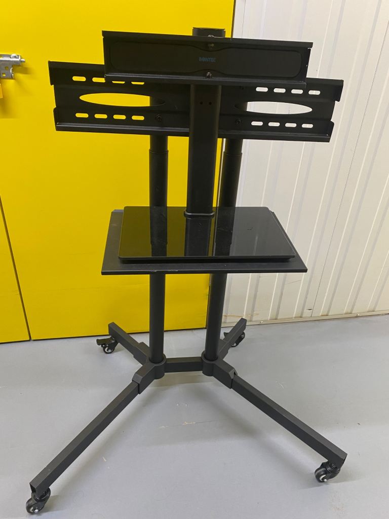 Height-Adjustable Mobile TV Cart with Glass Shelf – Good Condition