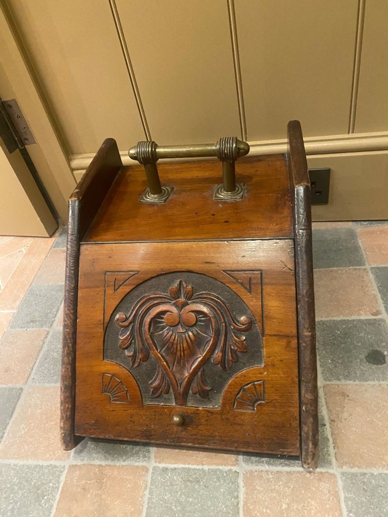 Antique coal scuttle, mahogany and brass
