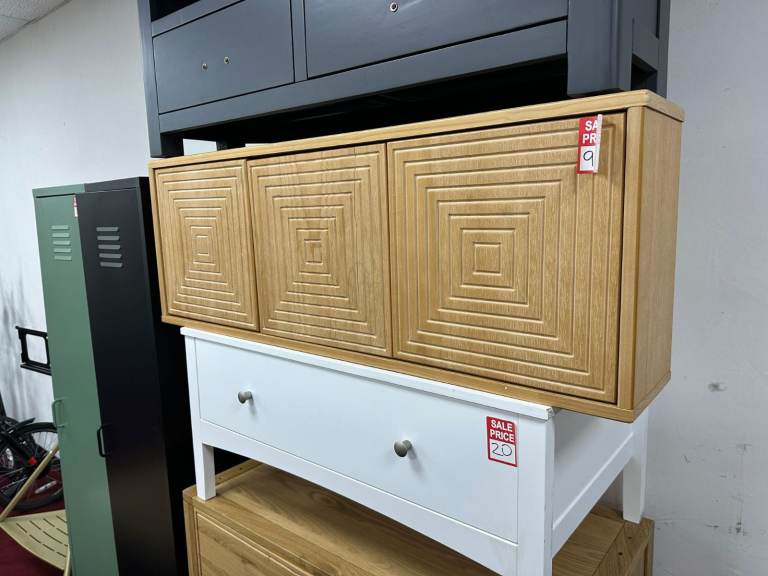 image for Grooved Storage 3 Door Corner TV Unit - Light Wood