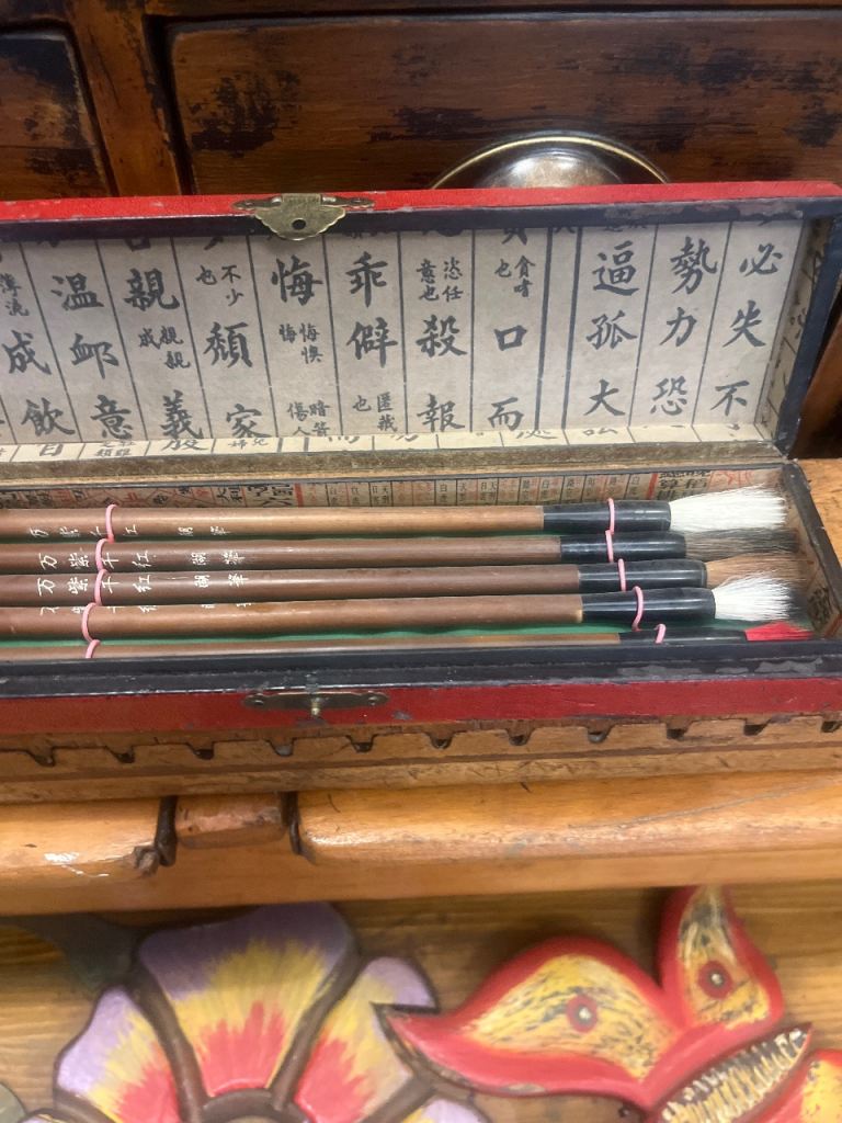 Vintage Chinese Calligraphy Brush Set in Wooden Box