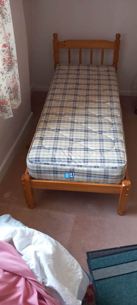 Single Pine Bed Frame with Mattress – Good Condition