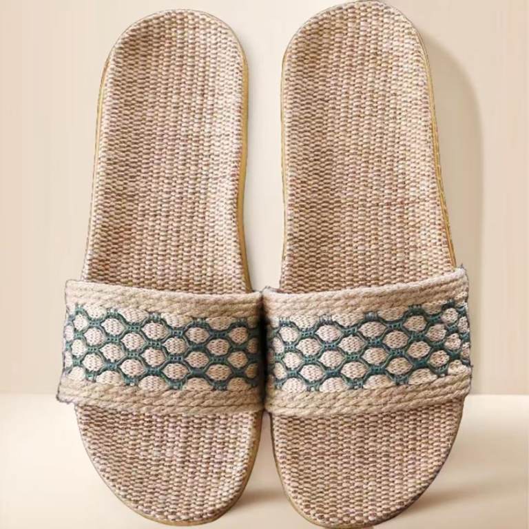Fair Trade Linen House Slippers, Unisex Summer Linen Sandals, Floral Knit Pattern Sandals