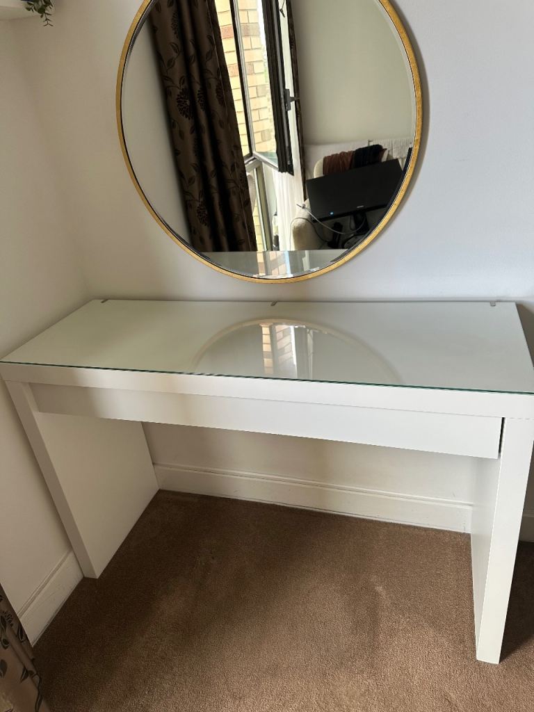 White IKEA Malm Dressing Table with Glass Top – Good Condition