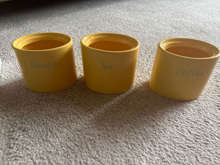 3 yellow, tea, coffee, sugar jars, brand new 