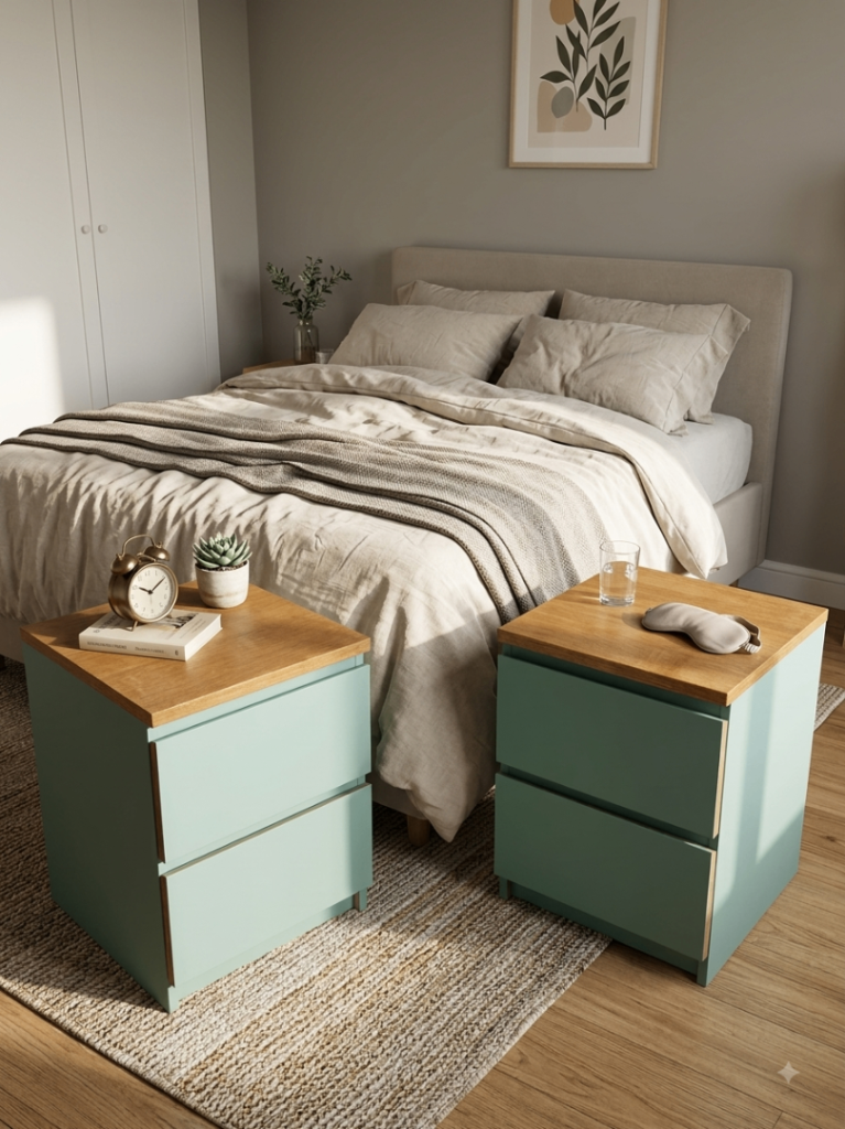 Pair of modern night stands with 2 drawers and a stained wooden top 
