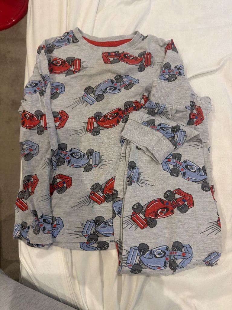 Kids Grey Pyjamas with Racing Car Print – Good Condition