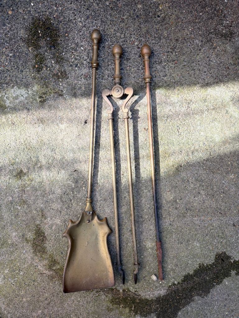 Vintage Brass Fire Companion Set – Poker, Tongs & Shovel – £30