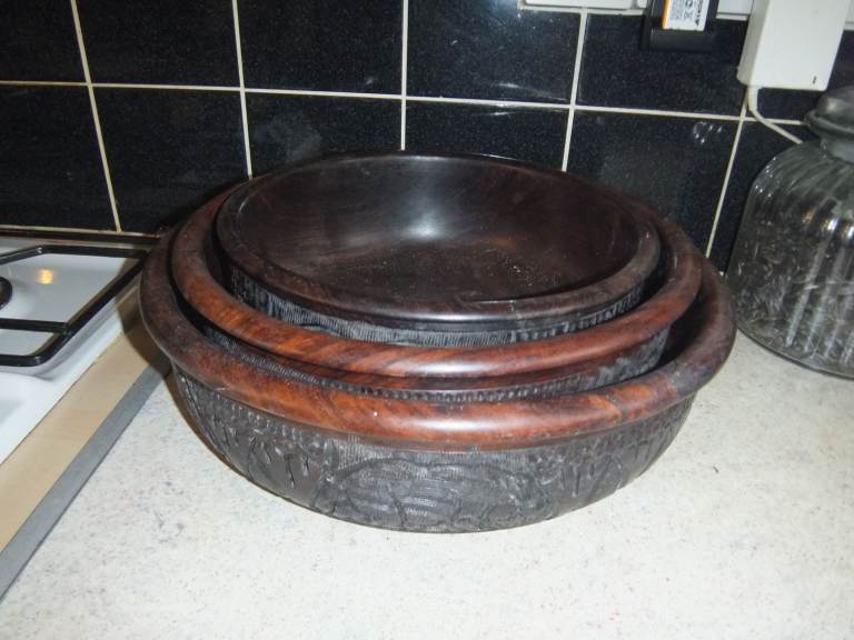 Set of 3 Hand Carved Large African Hardwood Bowls with Elephants Rhino Design