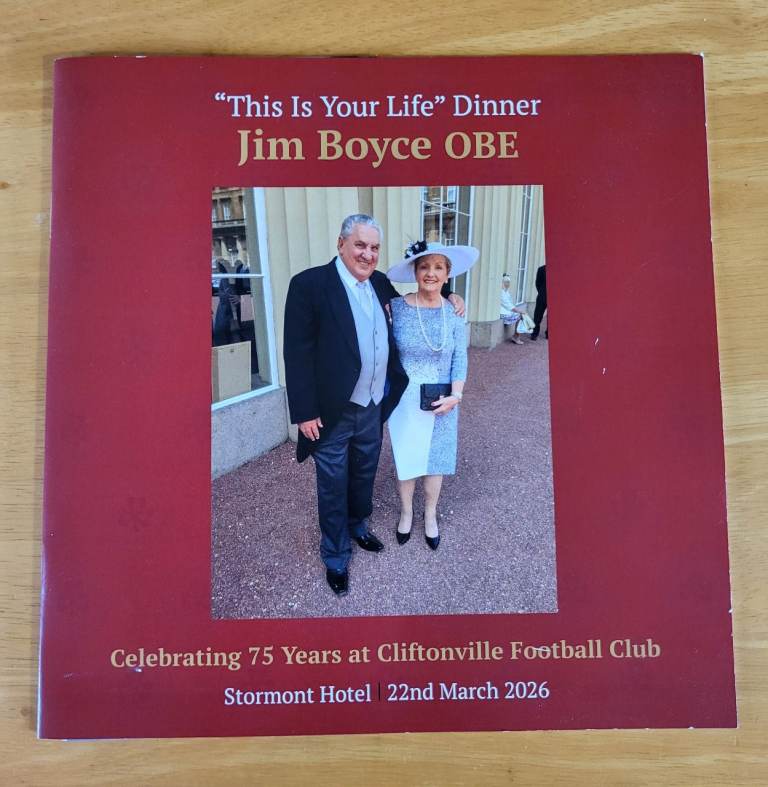 Collectable Cliftonville Football club Jim Boyce OBE 75 year exclusive dinner booklet. VGC.