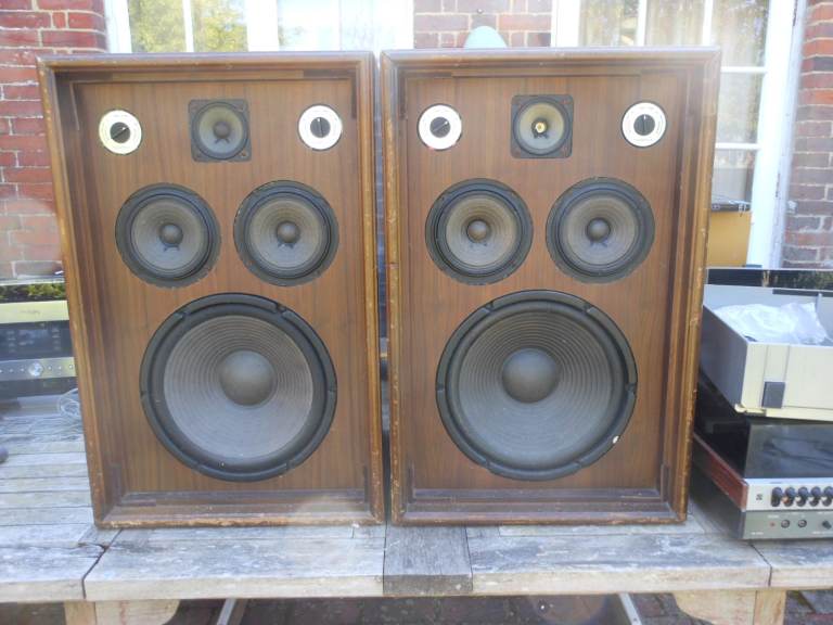 Very large speakers, probably Japanese or US made, 12" bass, two mid range, tweeter. Fair condition