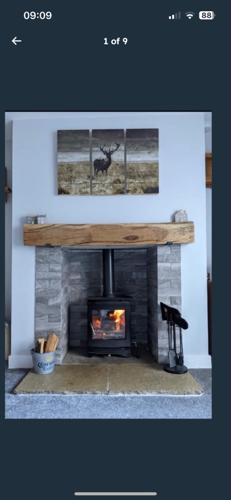 Log burner. Oak beam. Oak sleeper. Fire mantle 