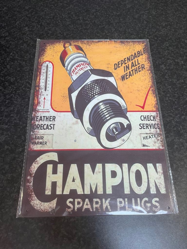 Vintage Style Sign Metal 20cm x 30cm Brand New, Champion Spark Plugs.