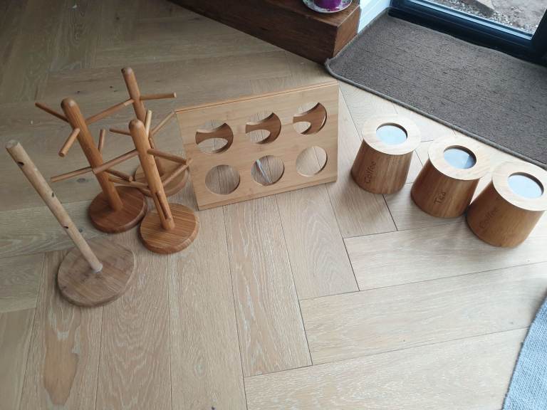 Bundle of kitchen bamboo items wine bottle holder rack tree mugs towel holder canister container set