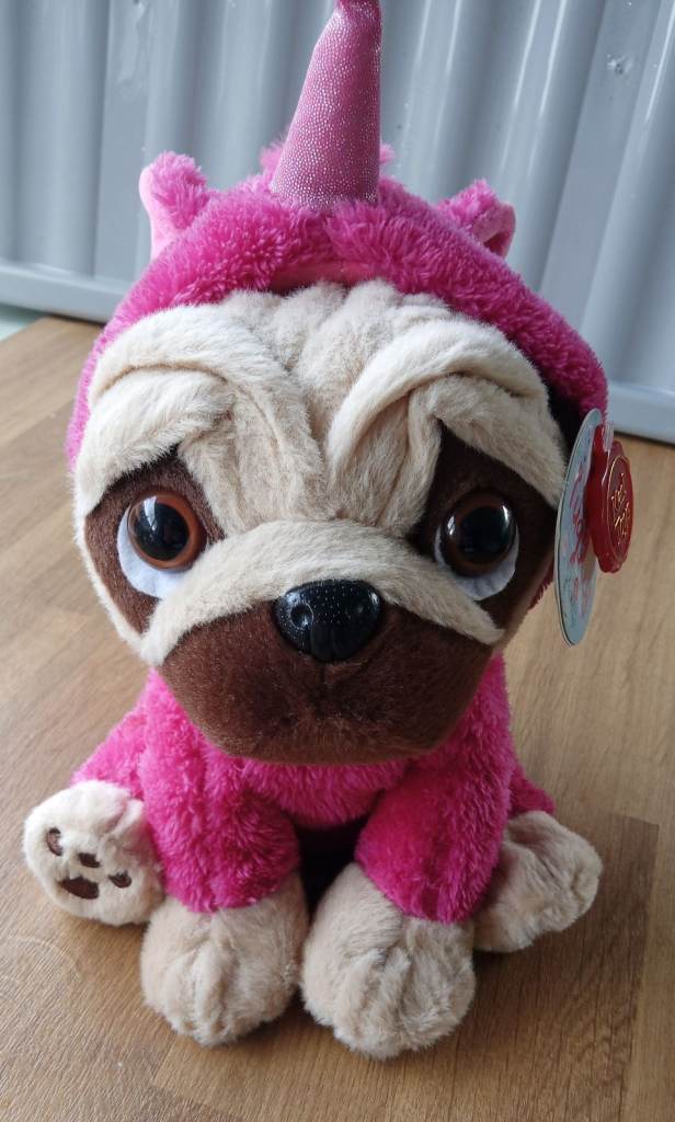 Pug dog soft toy Pugsley made by Keel Toys, Soft pug dog in a dark pink unicorn onesie