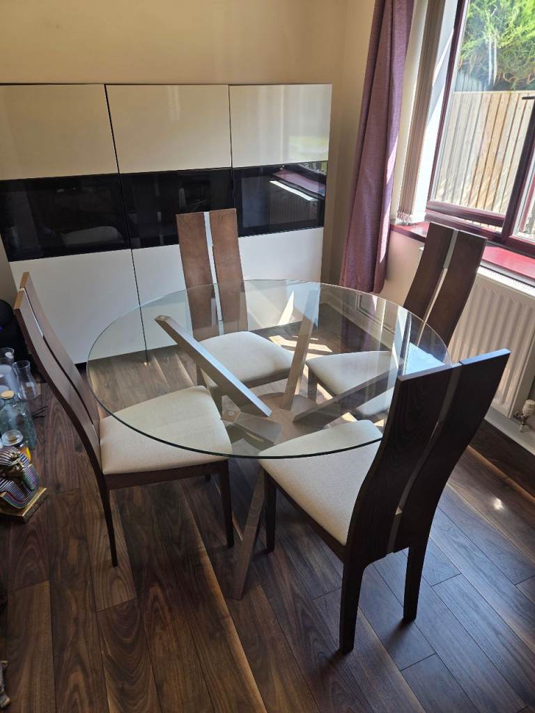 Glass Dining Table with 4 Wooden Chairs – Good Condition