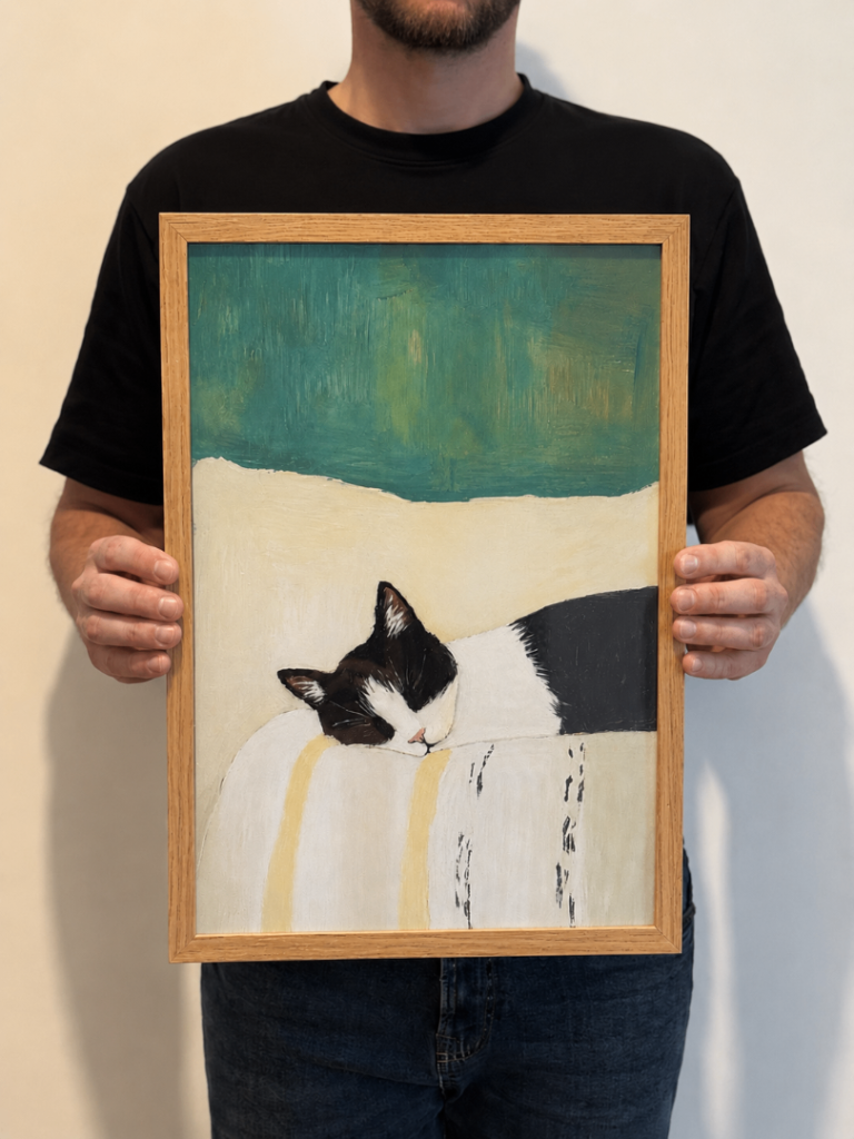 Sleeping Cat Wall Art A3 Framed Print Modern Animal Poster Cozy Home Decor Gift