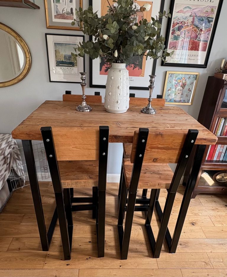 Reclaimed Wood & Iron High Dining Table with 4 Chairs