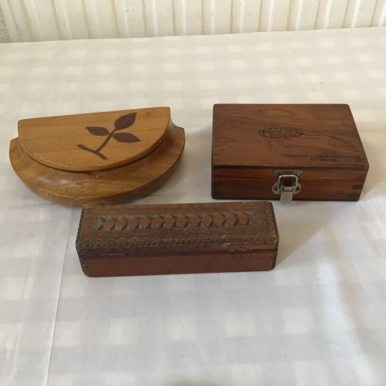 Job lot vintage wooden boxes/stamp box/guild of Hereford craft trinket box &  Matrix of Coventry