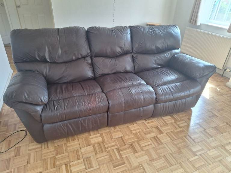 Brown Leather Recliner Sofa – 3 Seater, Fair Condition