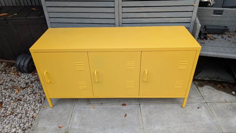 Yellow locker style metal cabinet