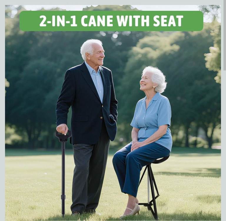 RRP£60.ALEVMOOM Walking Cane with Seat Folding Lightweight, 2-in-1 Cane Stool for Adults