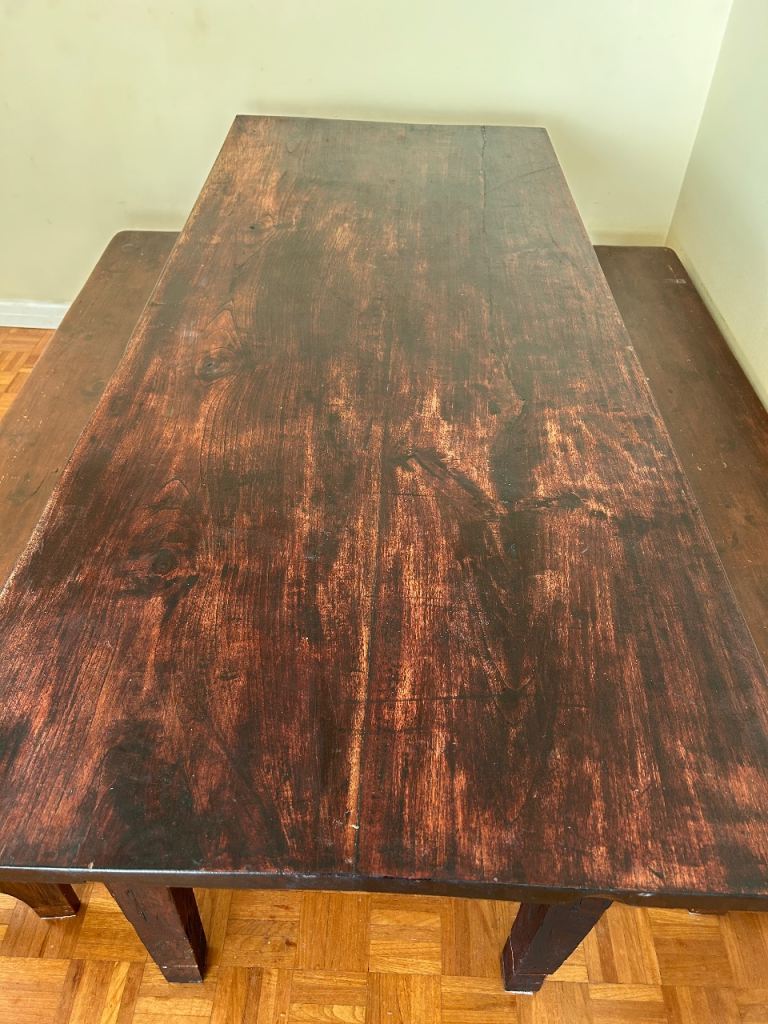 Reclaimed wood dining table and benches 