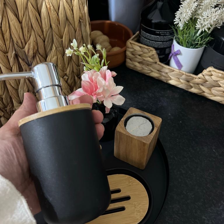 X5 Black Soap Dispenser Pump Bottle Bathroom Accessories tray candle holder & small vas 