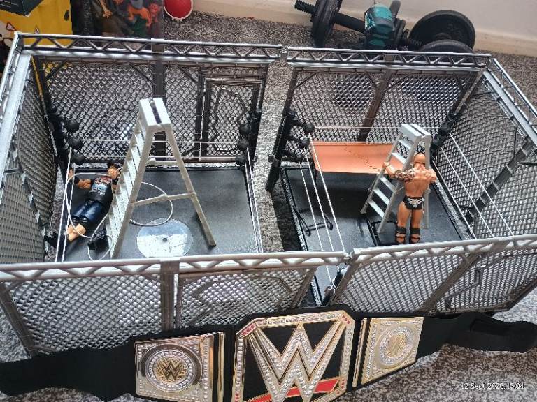 WWE Wrestling Ring Cage Playset with Figures and Championship Belt