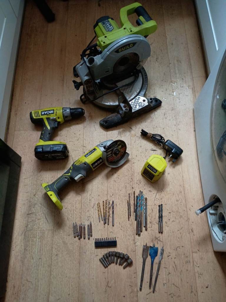 Ryobi ( power tools ) drill bits , screwdriver , cordless , drill , angle grinder , mitre saw