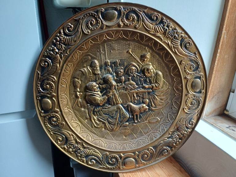 Brass Wall Hanging Charger Large Arts Crafts Embossed