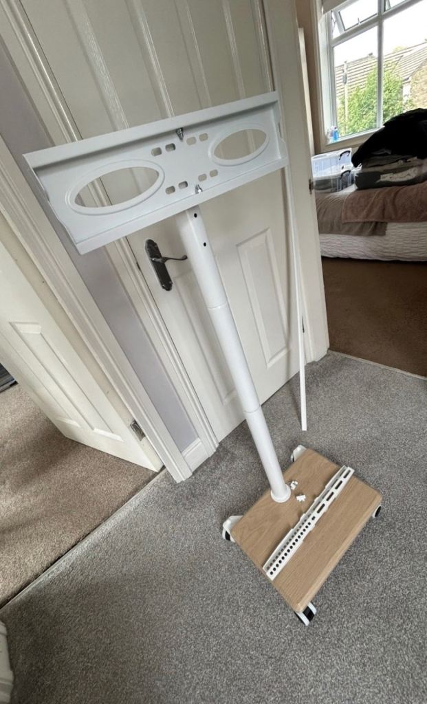 Mobile TV Stand with Wheels – White and Wood Base, Good Condition