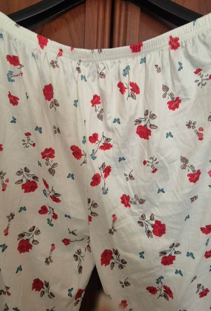 White Cotton Pyjama Bottoms with Red Floral Print – Good Condition