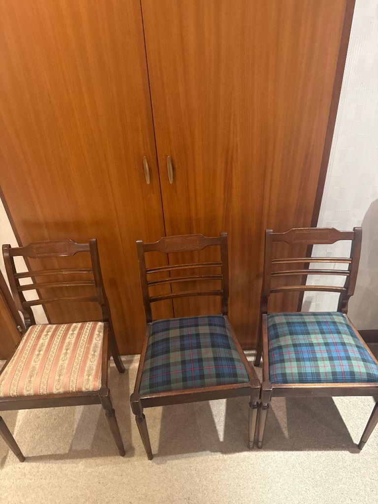 Three Wooden Dining Chairs – Upholstered, Brown, Good Condition