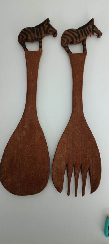 Wooden Zebra Handmade Carved Spoon & Fork Salad Server Set African
