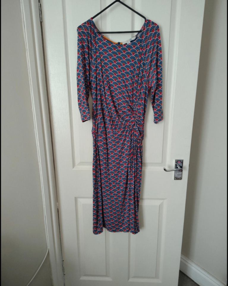 Boden Women UK 16L Dress 3/4 Sleeve Side Ruched Jersey Abstract Print Zip Lined