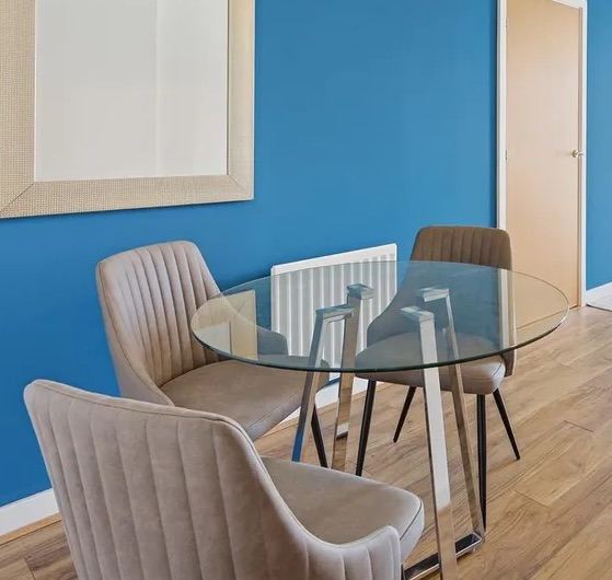 Glass dining table with 3x suede chairs