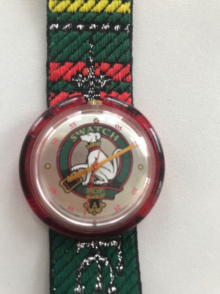 Swatch Watch with Dog Design – Multicoloured Strap, Good Condition
