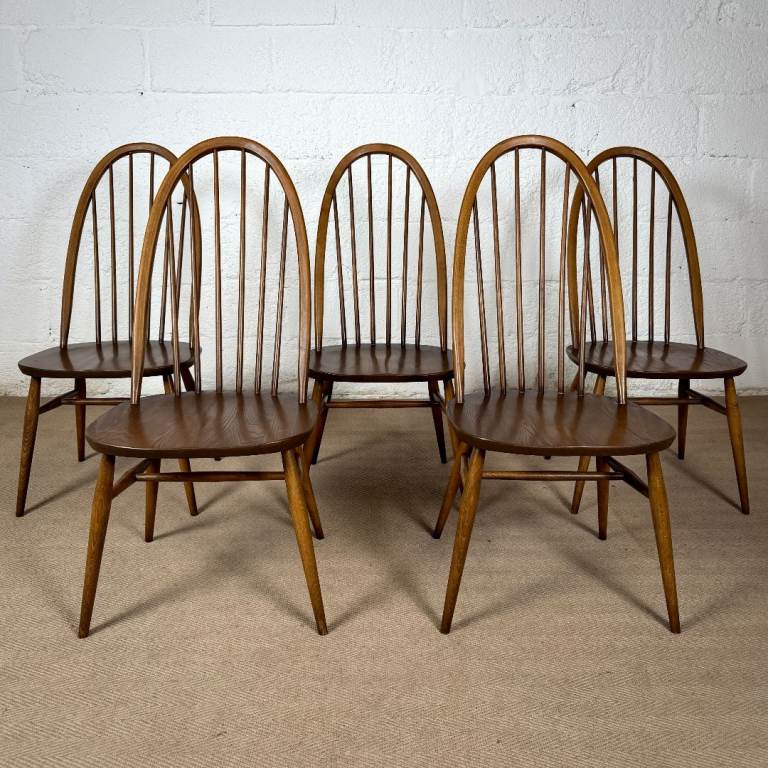 Ercol Quaker Dining Chairs Vintage Set Of 5 High Back Elm & Beech Golden Dawn