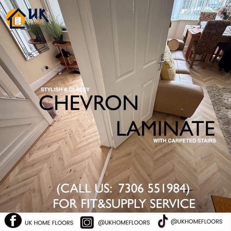 Low cost chevron laminate with carpet stairs 