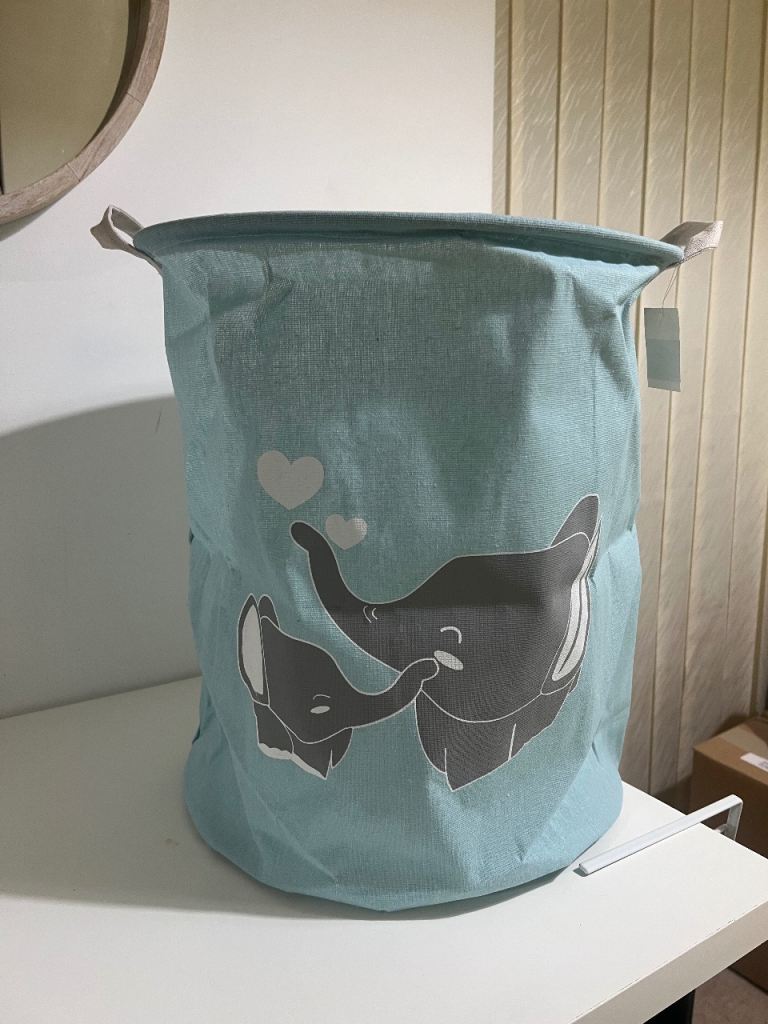  Cute Elephant Laundry Basket | Mint Blue Fabric Nursery Storage Hamper