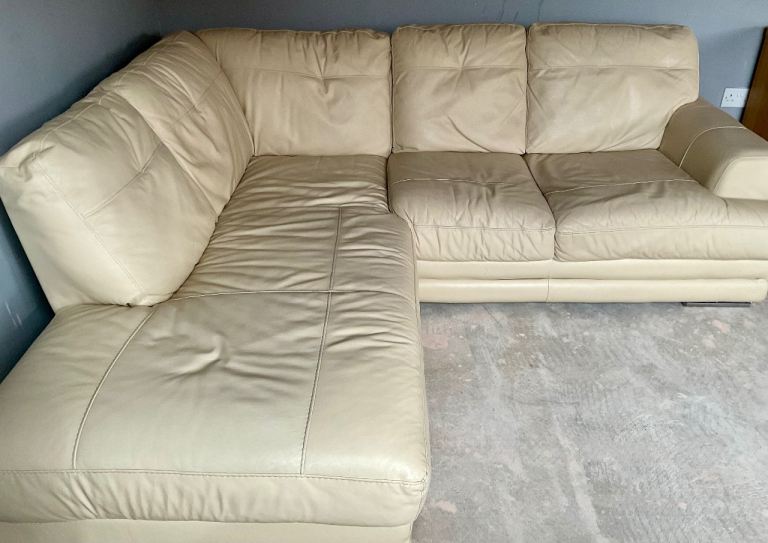 Cream Leather Corner Sofa - Good Condition