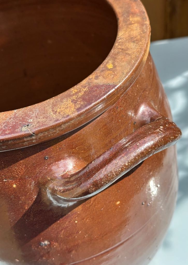 LARGE ANTIQUE FRENCH STONEWARE PLANTER URN, CONFIT JAR POT, SALTING JAR - H47cm 7.8kg - WILL POST!