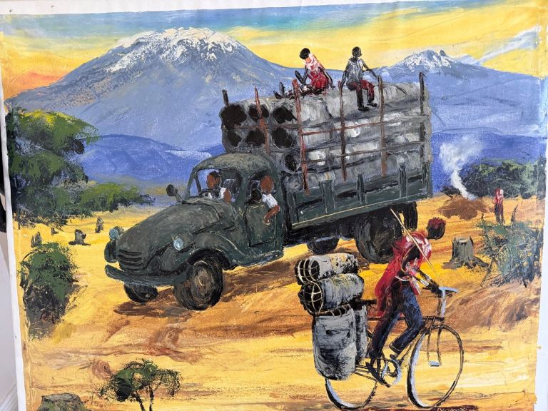 African Village Life Painting - Kilimanjaro Background
