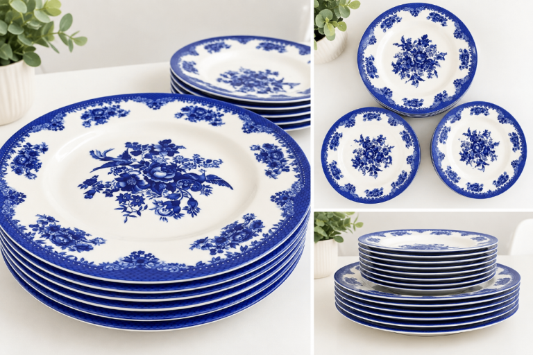 Blue & White Floral Dinnerware / Plate Set – Good Condition