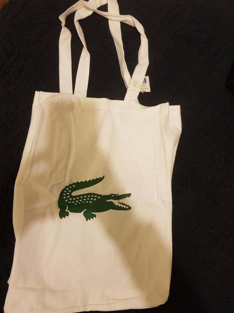 Lacoste White Fabric Tote Bag with Green Crocodile Logo – NEW