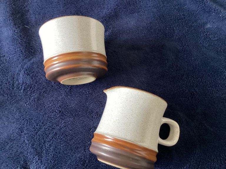 Vintage Denby potters wheel coffee/tea cups & saucers, sugar bowl/milk jug
