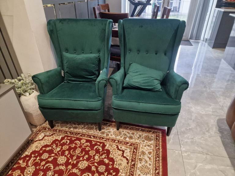 Pair of Green Velvet Wingback Armchairs – Excellent Condition