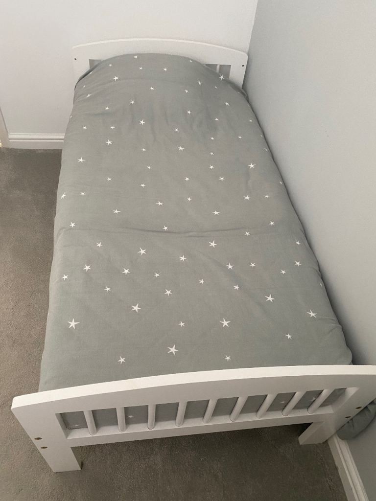 White Wooden Child's Small Bed Frame with Mattress & Bedding